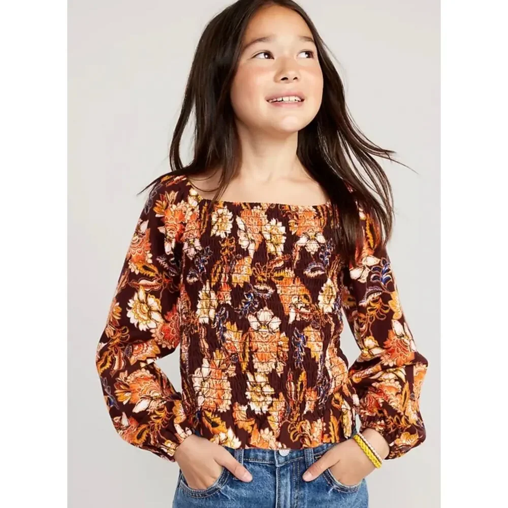 Old Navy Long Sleeve Printed Jersey Knit Smocked Top Girls M(8) Fall Boho Retro